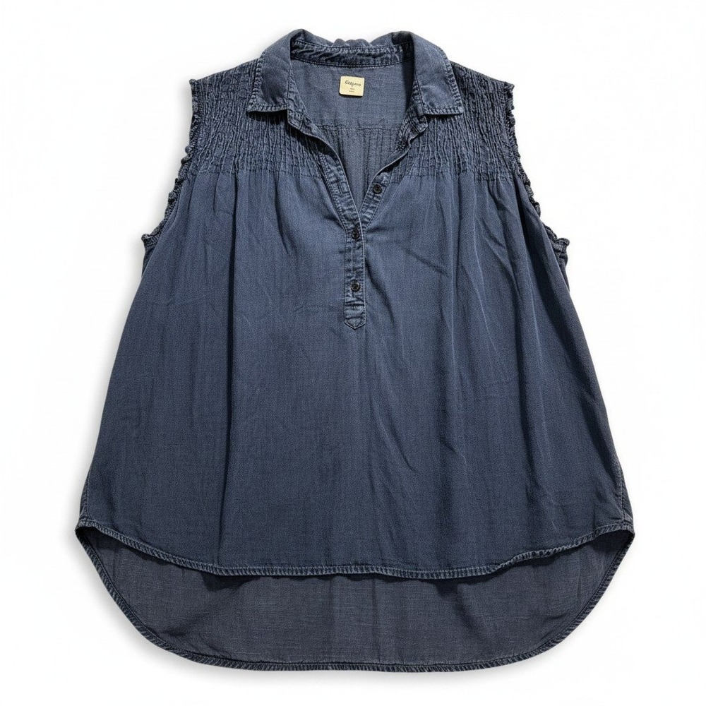 Gap 1969 XXL Denim Blue Smocked Sleeveless Henley Top Boho Casual